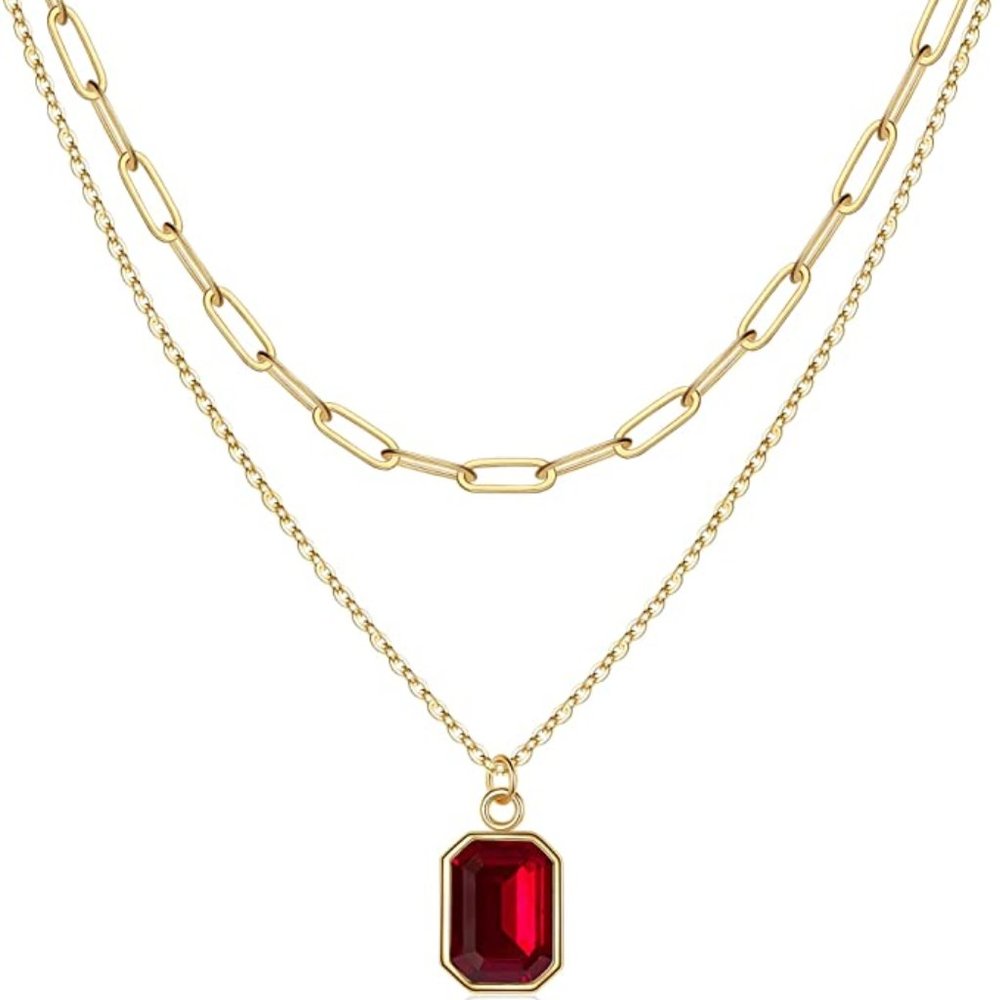 Women, Real Gold Plated Birthstone Necklace for Women Layered Paperclip Chain